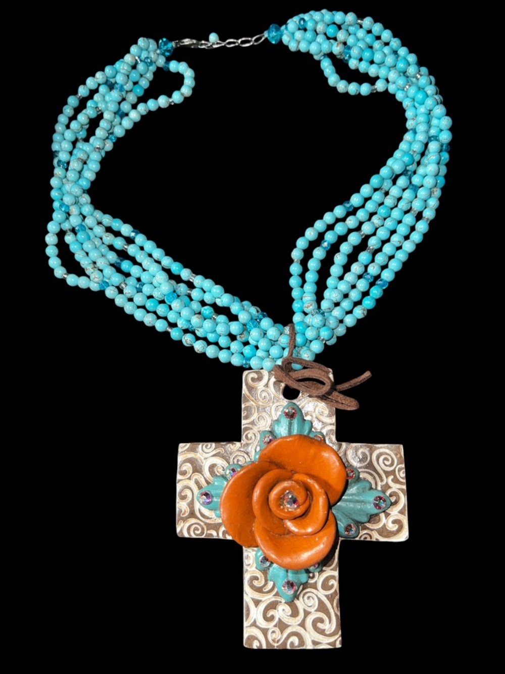 D’Vine Designs Beaded Western Rodeo Necklace Rose Cross Crucifix Clay Pendant